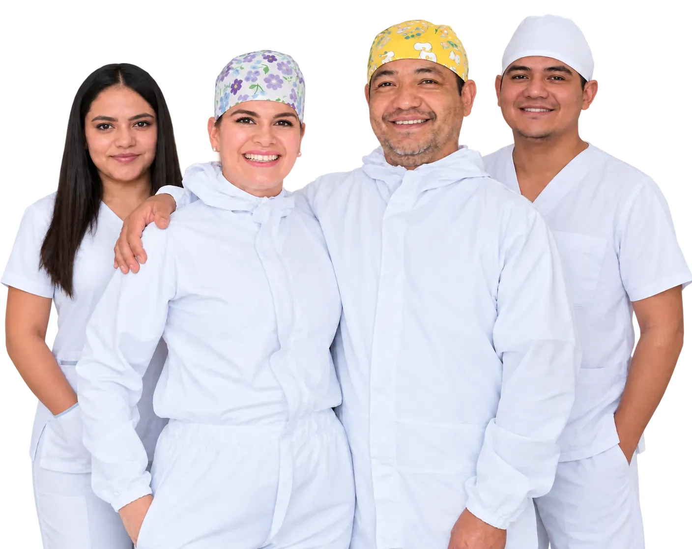 Equipo de Saludental con bata clínica blanca